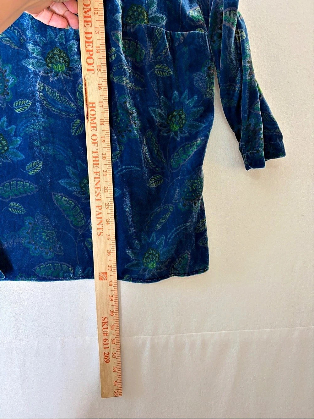 J.Jill Blue Floral Velvet Tunic Top 3/4 Sleeve Side Slits Whimsigoth Boho XL - Picture 6 of 7